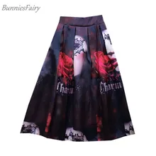 BunniesFairy Осенняя Женская винтажная Готическая стильная Очаровательная Женская Красная роза с принтом Высокая талия плиссированная юбка миди для Хэллоуина Вечерние