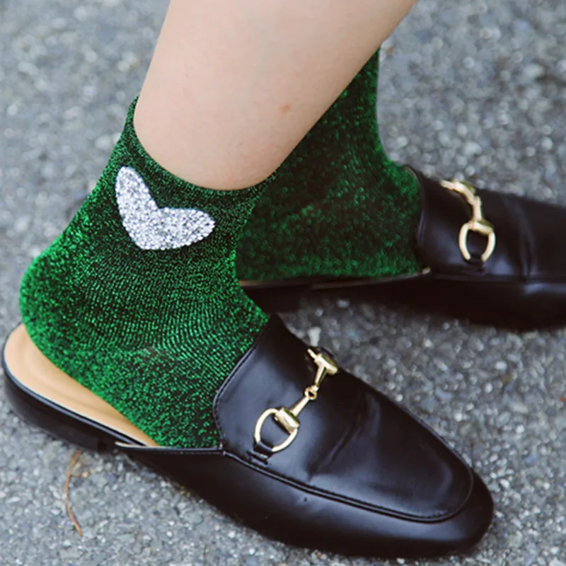 Осень Harajuku Стразы ЛЮБОВЬ носки с принтом в форме сердца женские блестящие носки для подростков Sokken Chaussettes Mujer Calcetines
