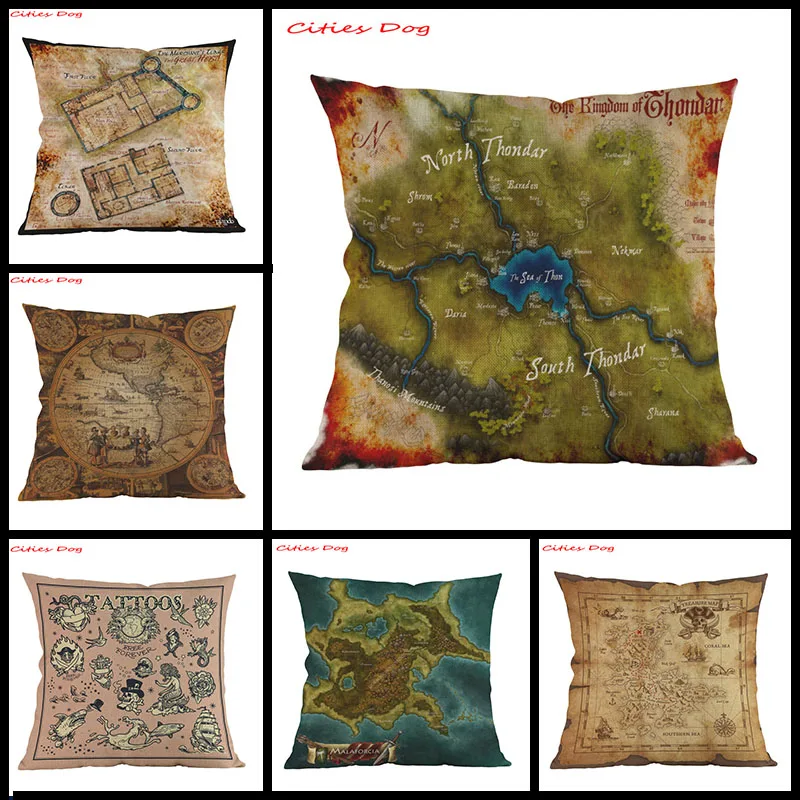 cheap Vintage Home sofa supplies cushion cover Pillow Cotton linen Retro pirate map Pattern printing Decoration Pillow case