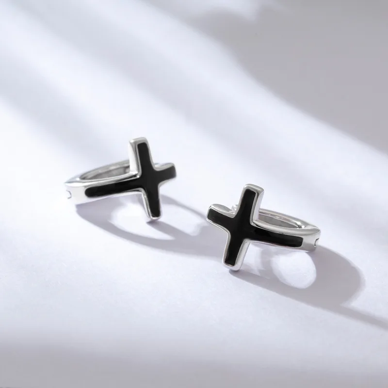 

Trendy Black Cross 925 Sterling Silver Hip Hop Hoop Earrings for Womens Fashion Simple Mens Circle Ring Earings Gift Jewelry