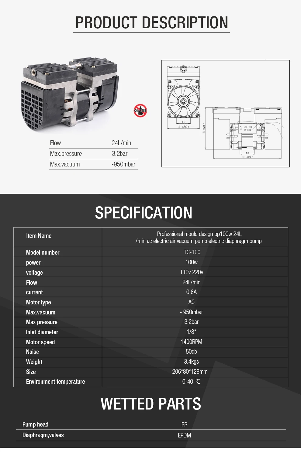 TC-100 110 В/220 В вакуумный насос с двойной головкой и безмасляной диафрагмой 100 Вт 60 Гц(AC) 24 л/мин медицинский бесшумный насос 3,6 бар Электрический вакуумный насос