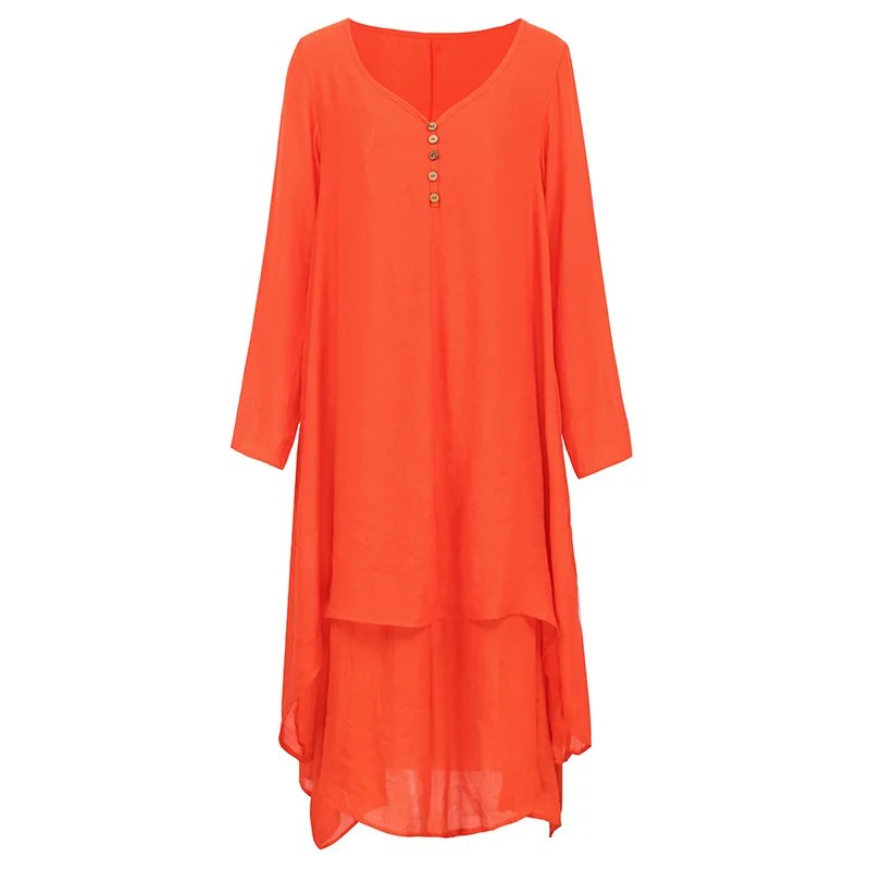 EaseHut v-образным вырезом платье осень марочный Женщины Свободные Платья Твердые с длинным рукавом Этнические Осень Длинные Платья Макси Плюс Размер S-5XL Ретро платье женское vestido - Цвет: Оранжевый