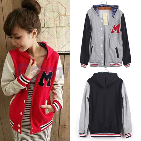 2015 women jacket Spring Letter M Varsity Jacket Long Sleeve Baseball jacket Coat Sportwear 