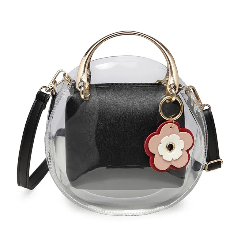Модная круговая прозрачная сумка летние прозрачные женские Наплечные сумки Мини составные сумки милые с цветочным рисунком женские сумки на плечо - Цвет: Черный