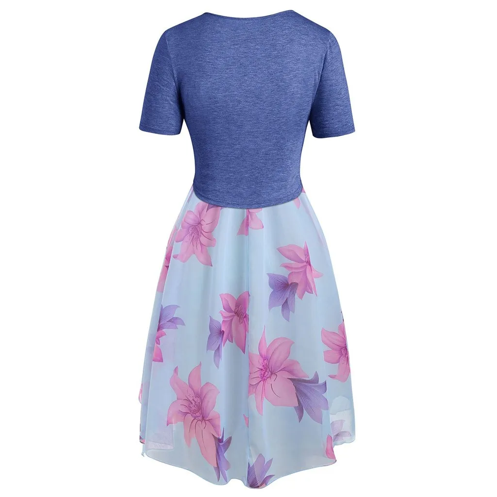 Страуса моды женщин летом прохладно случайные с коротким рукавом размера плюс Топ и цветочные шифон платье печати выше колена платье набор