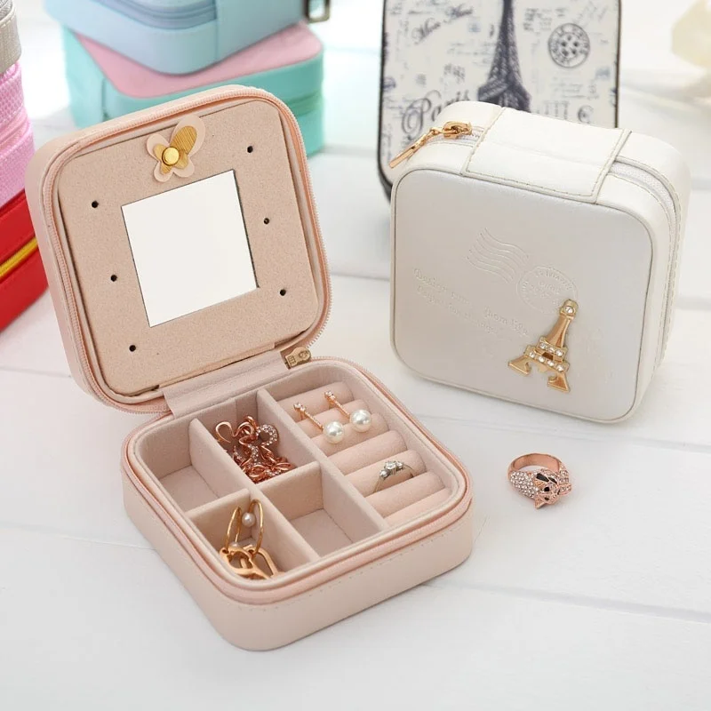 

Mini Travel Portable Leather Jewelry Box With Mirror Cosmetic Make Organizer Earrings Coffin Three-Tier Storage Box Best Gift