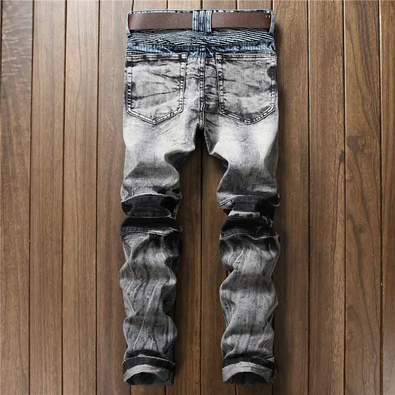 Mcikkny Fashion Men's Biker Jeans Pants Washed Slim Fit Denim Pants Multi-pockets Motorcycle Denim Trousers For Men   
