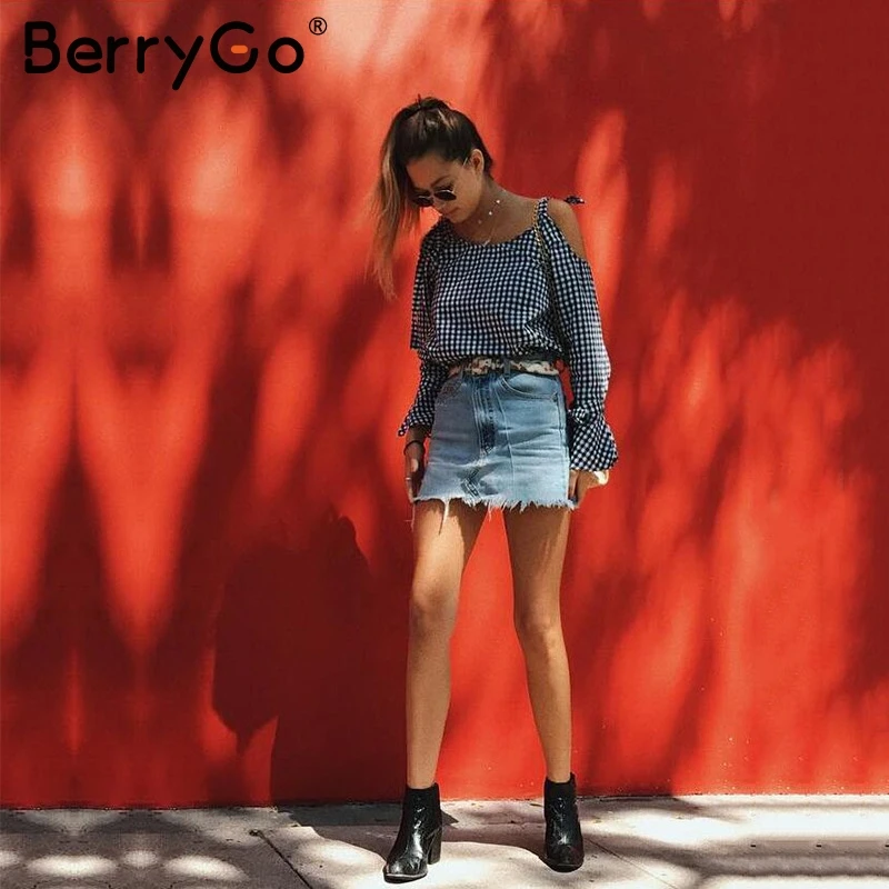 Berrygo Sexy с открытыми плечами Клетчатая блуза рубашка Для женщин лук длинные рукава