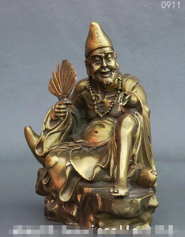 8" Chinese Brass Mad Monk Dragon Lohan Arhat Chai Gong Ji Gong Buddha