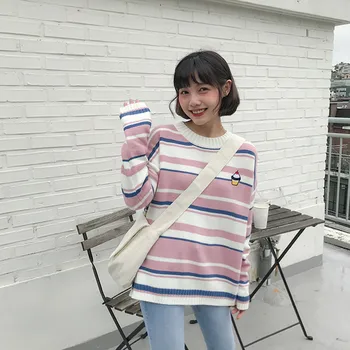 

3 colors 2018 autumn and winter color patchwork stripe cartoon embroidery womens sweaters and pullovers womens (F1145)
