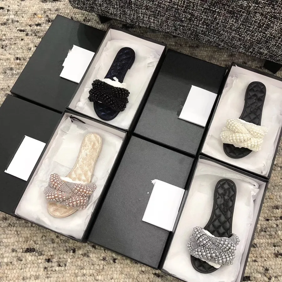 

2019 Summer Genuine leather Flats round peep toe women Pearls Flat Slippers Outdoor Mules Beads Slides Beach Shoes white \pink