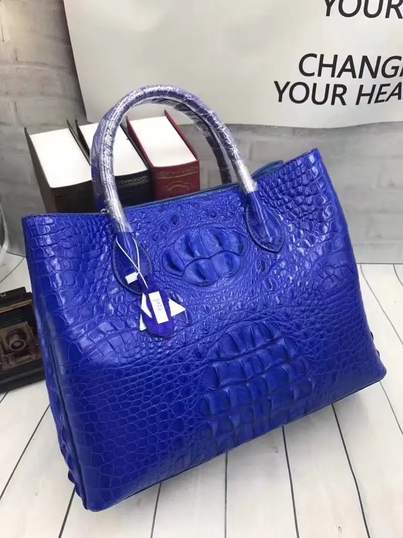 Роскошная дизайнерская натуральная крокодиловая кожа женская большая сумка мужская сумка из экзотической натуральной кожи аллигатора кожаная женская сумка на одно плечо - Цвет: Синий