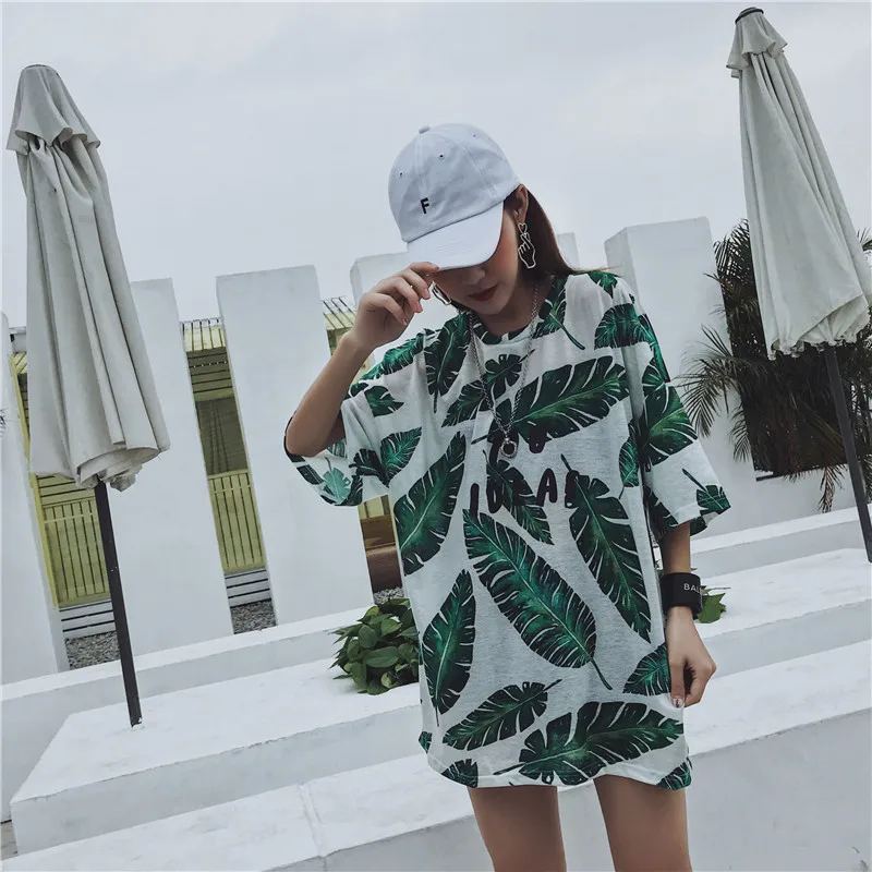 

Casual Streetwear Women Green Leaf Printing T-shirt Hip Hop Style Short Tee Half Sleeve Loose Polyester T-shirt O-Neck Tops