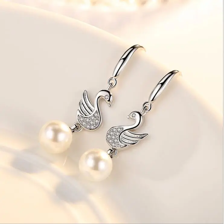 Новая мода 925 стерлингового серебра Циркон Гусь Лебедь жемчуг кисточкой серьги