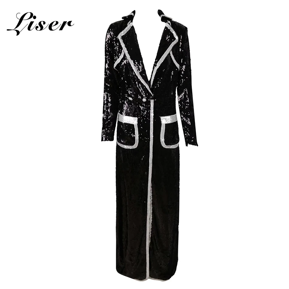 Liser New Summer Women Coats V Neck Sequined Coats Sexy Bodycon Elegant Club Celebrity Party Black Coat Vestidos Wholesale