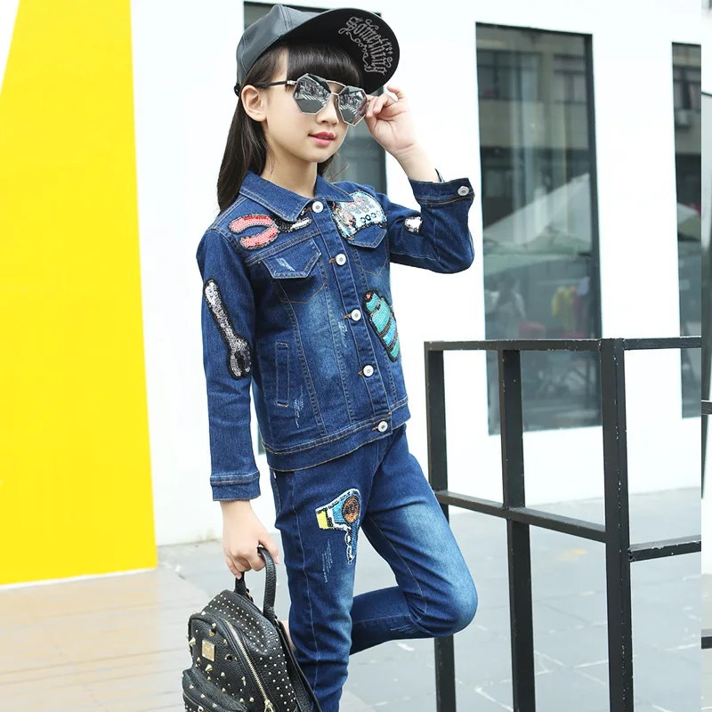 

2017 High Quality Girls Luxury Sequin Denim Jacket Pants Clothing Set Kids Clothes Sets Jeans Coat Trousers Two Piece Set