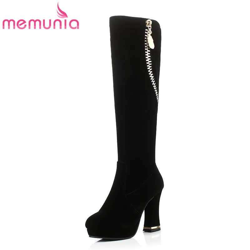 

MEMUNIA 2017 newest flock zip attract eyeball hot sale knee high boots appointment mature nubuck leather winter boots for women