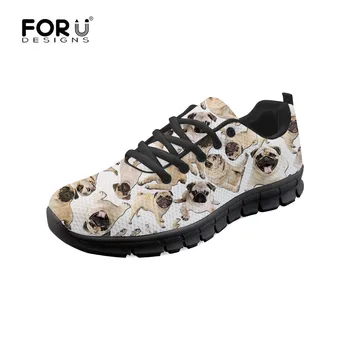 

FORUDESIGNS 2019 Women Casual Shoes Pug Dog Printing Cute Sneakers Mesh Breathable Woman Lace-up Walking Flats Trainers Shoes