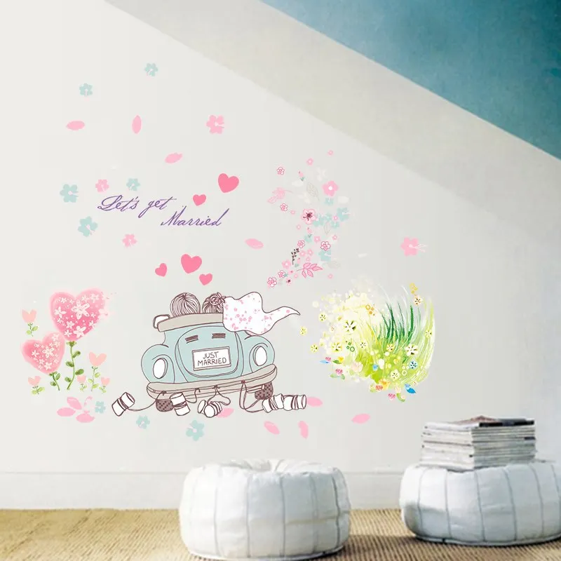 Us 4 21 12 Off Let S Get Married Couple Cartoon Wall Stickers Wedding Car Flowers Lover Bedroom Living Room Decoration Diy Self Adhesive Decal In