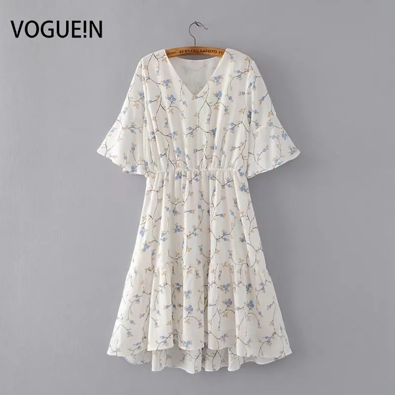 

VOGUE!N New Womens Fashion V Neck Floral Print Flare Sleeve Elastic Waist Mini Dress