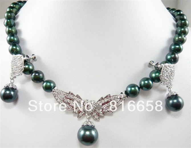 

hot Fast shipping +@@ Gift - natural freshwater black pearl necklace earrings drop set (A0516)
