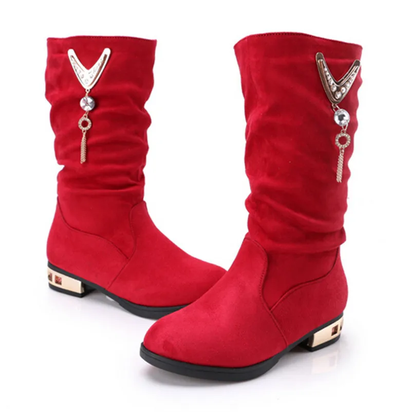 Girls Fashion Boots Winter Flock High Boots Square Heel Red Black Chain