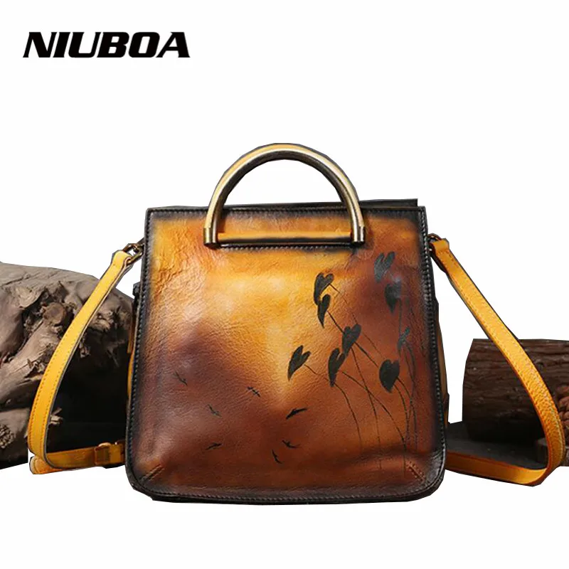 

NIUBOA Fashion Skin Leather Shoulder Bags Handbag Crossbody Vintage Women Cowhide Messenger Bag New Personality Printing Handbag