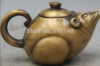 

5" Chinese Dynasty Copper Zodiac Year Mouse Wealth yuanbao Wine Tea Pot Flagon