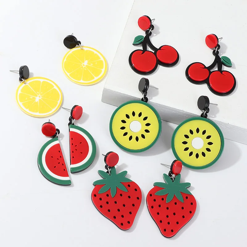

Creative Handmade Acrylic Kiwi fruit Lemon Cherry Studs Earrings for girl Summer Holiday Jewelry Funny Fruit Ear Studs gift