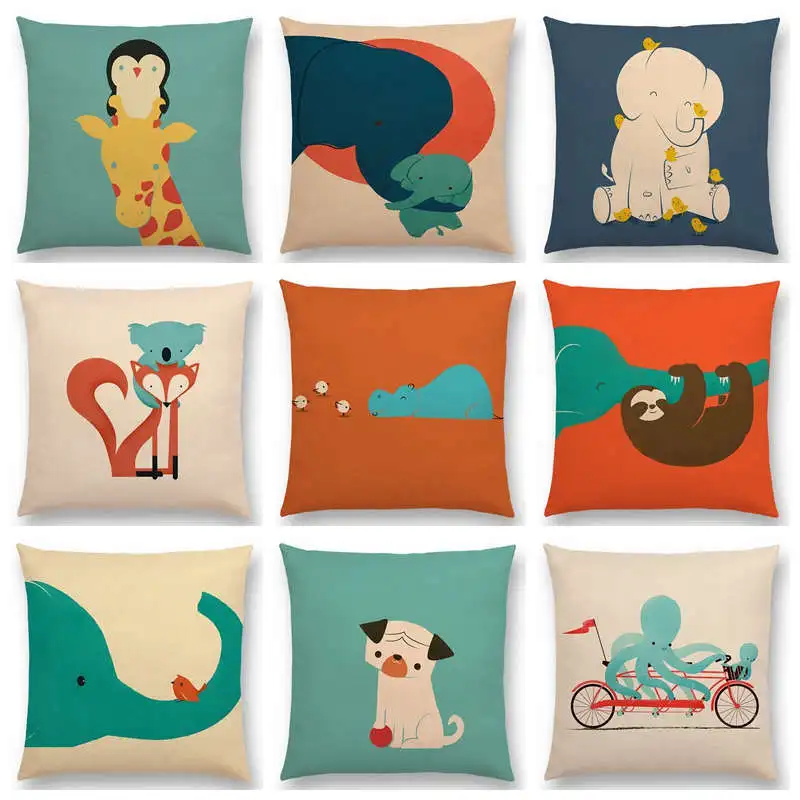 

Cute Cartoon Animals Good Friends Happy Days Colorful Cushion Cover Sofa Throw Pillow Case Elephant Giraffe Penguin Sloth Fox