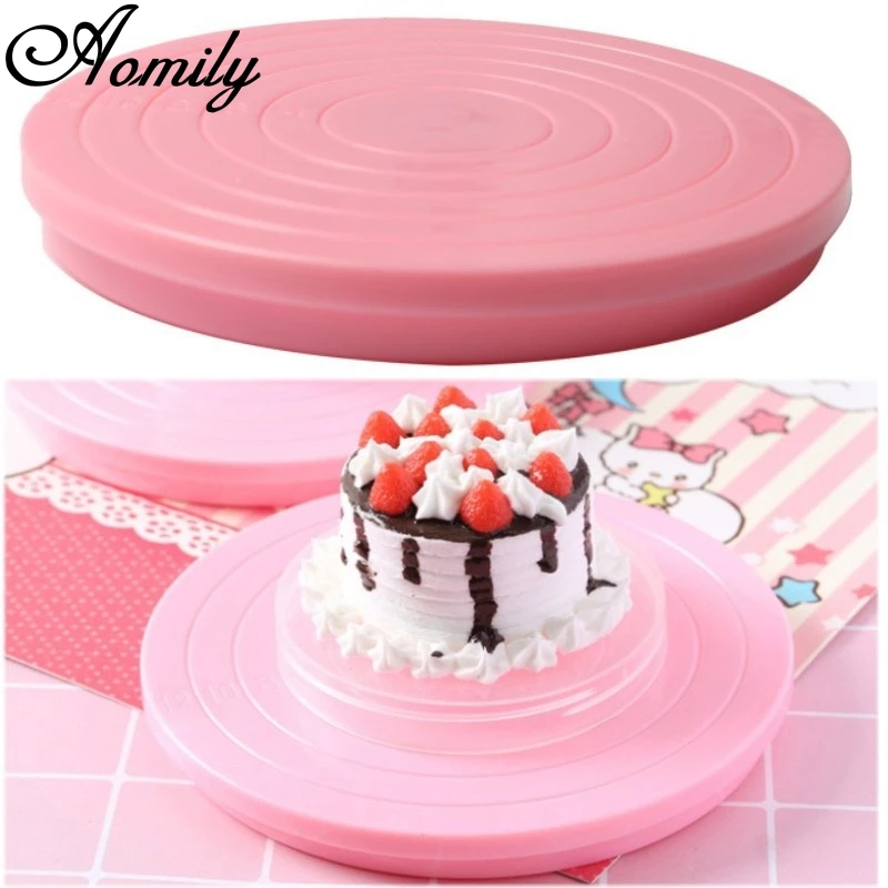 

Aomily 14CM Food Grade Plastic Cake Turntables Fondant Cake Mousse DIY Decorating Tray Platform With Scale Kitchen Bakeware Pink