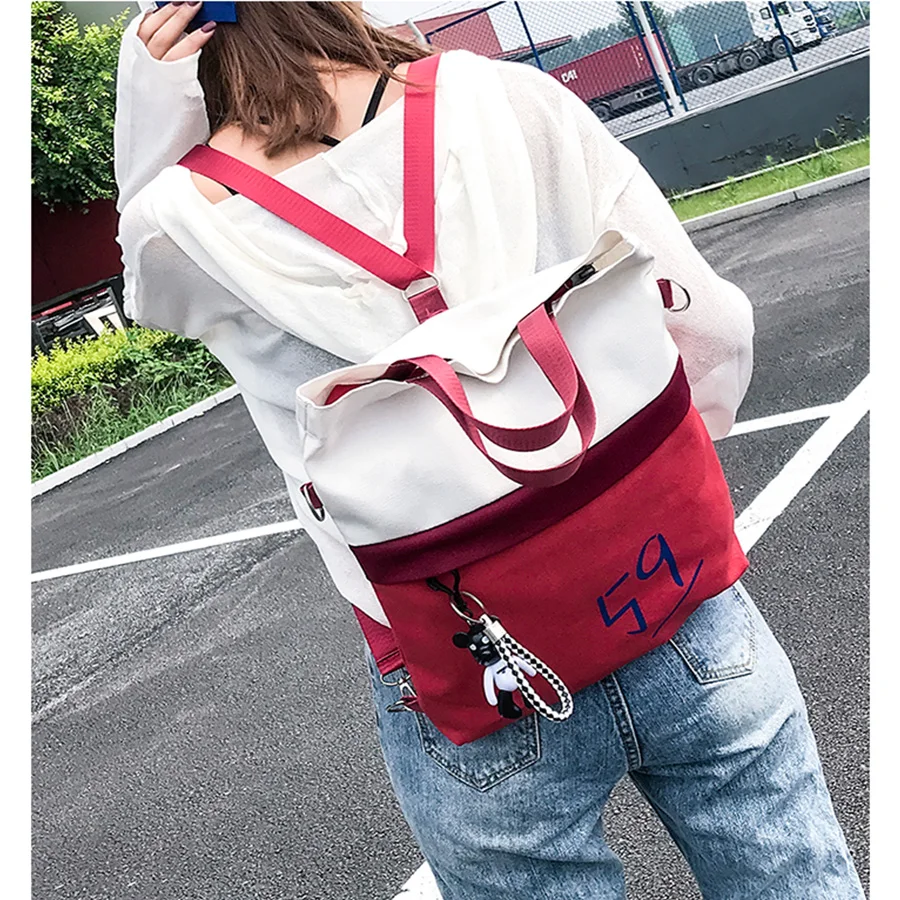

New canvas women backpack Casual ladies color matching fashion backpack luxury women bag designer Small Bear Pendant School bag