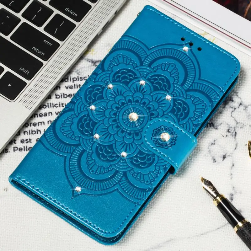 

Diamond Mandala Bling Case For Xiaomi 6X A2 8 Lite 9SE Redmi Go 6A 7 Note 6 Pro Luxury Leather Lady Covers Datura Embossing D13H
