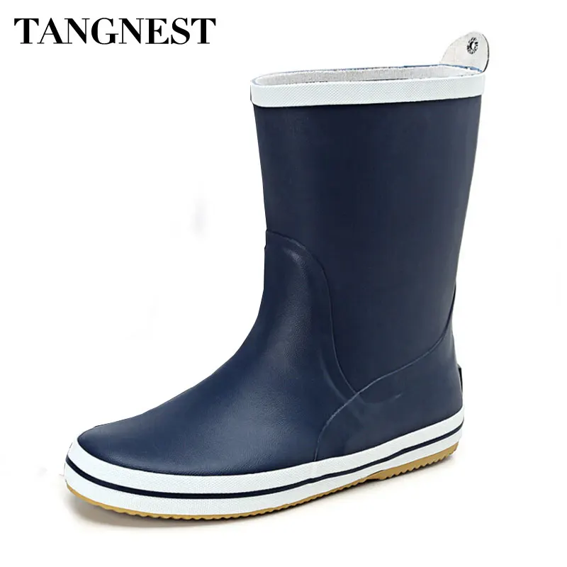 Tangnest Men's Rain Boots Fashion Slip on Men Mid calf Boots Male Non