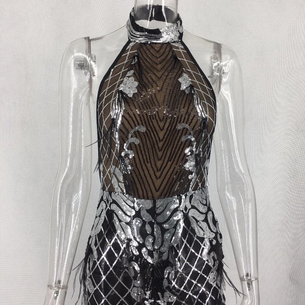 Sexy Black Mesh Sequin bodysuit women befree See Through Backless sleeveless Summer one piece Night club Party jumpsuit overalls