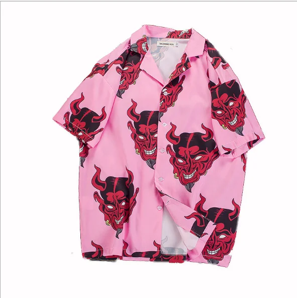 

Informal tie shirts with a full set of devil patterns returned to the high pink/purple street men's summer shirts of 2018