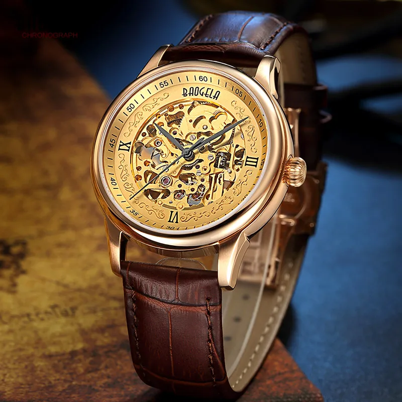 

BAOGELA Mechanical Wrist Watch for Man Fashion Waterproof Simple Analogue Skeletion Hand Wind Mechanical Watches Mens 1710-Brown