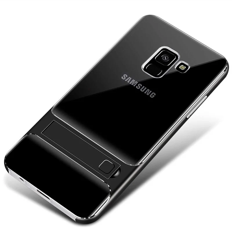 Гибридный ПК-бампер чехол для samsung S8 S9 A8 A6 плюс J4 J6 J7 J8 ударопрочный чехол для телефона Подставка держатель чехол s защитной оболочки - Цвет: Clear Black