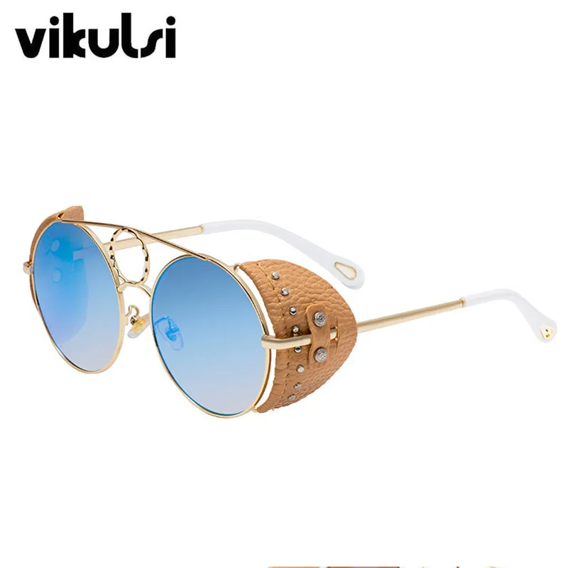 Итальянские роскошные круглые солнечные очки знаменитостей, женские брендовые дизайнерские ветрозащитные солнцезащитные очки из искусственной кожи с заклепками для женщин и мужчин, трендовые солнцезащитные очки - Цвет линз: E204 gold ice blue