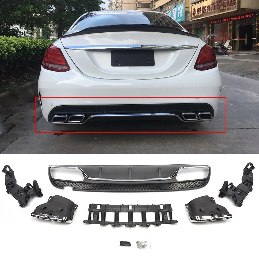 

For C63 4 outlet Style PP Rear Bumper Diffuser with Exhaust Tips for Benz W205 C180 C200 C300 C43 Amg 4 Door Sedan 15+