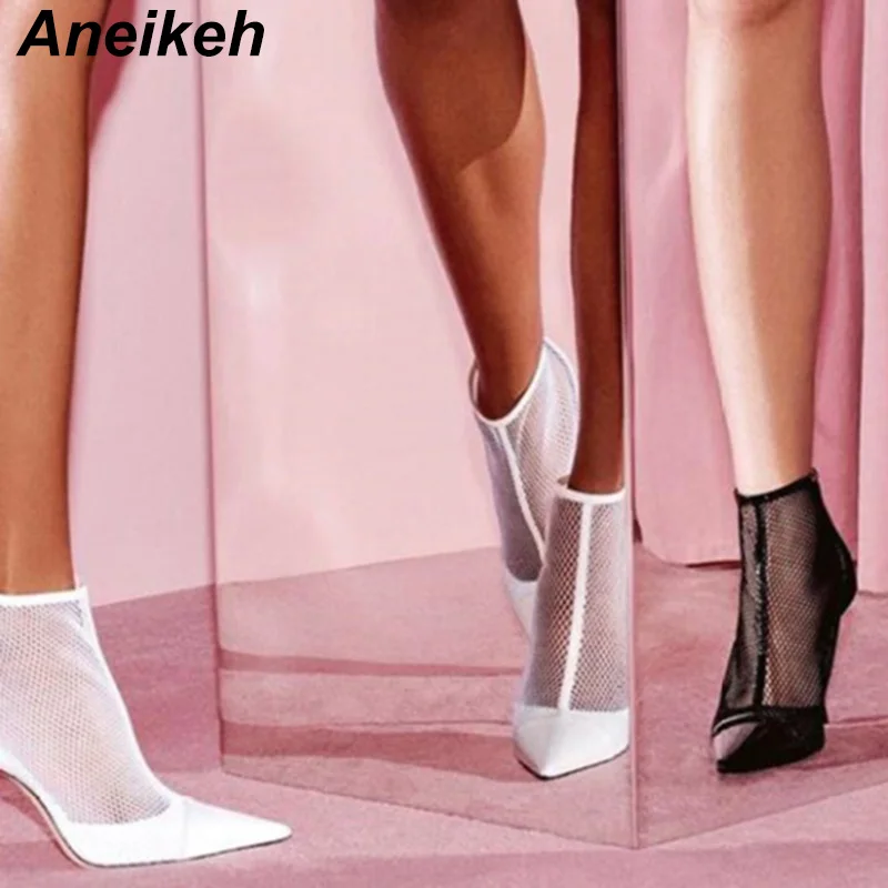 

Aneikeh Mesh Women Ankle Boots 2019 Autumn ZIP Pointed Toe Stilettos Shoes Fashion Sexy Chelsea Boots Pumps Size 35-40 black