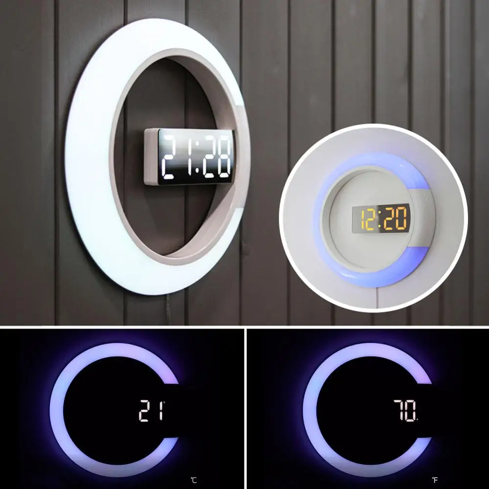Reloj de pared digital Led con control remoto Reloj de pared creativo LED espejo hueco con alarma/temperatura anillo de luz 7 colores cambio Reloj de pared digital Led con control remoto Reloj de pared creativo LED espejo hueco con alarma/temperatura anillo de luz 7 colores cambio