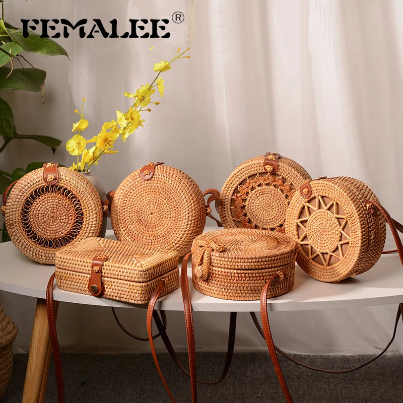 

Circular Rattan Beach Bags 2019 New Ins Summer Straw Bags Purse Handmade Bali Women Shoulder Bags Woven Boho Multi Style Handbag