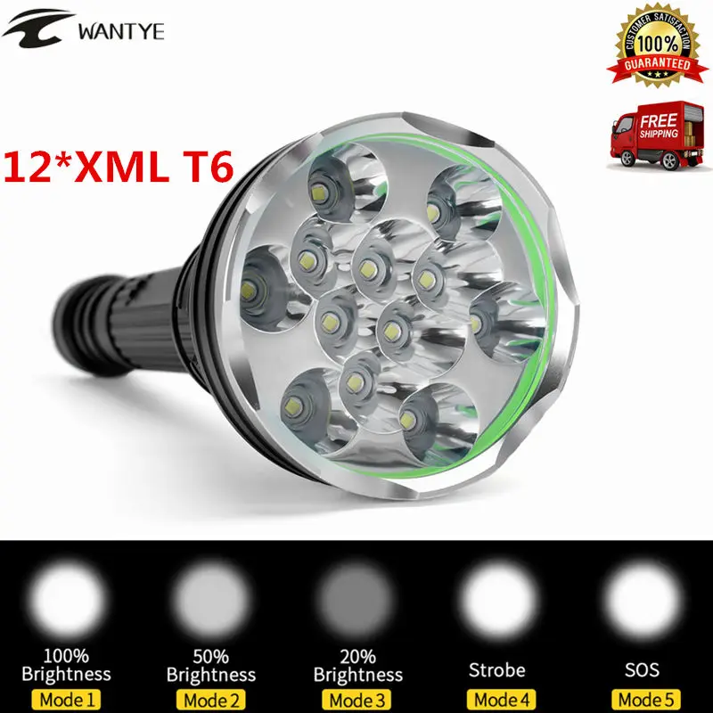 

24000Lm 12* XML T6 Self defense LED Flashlight Torch Tactical Flash light 5 Modes Camping Hunting lamp+18650 battery charger