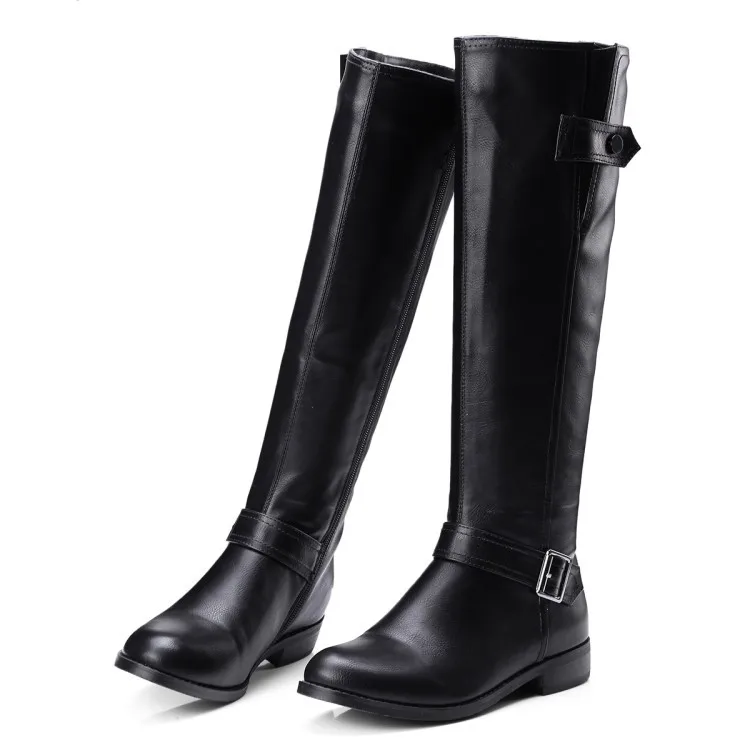 Зимние сапоги до колена из натуральной кожи; женские модные сапоги на низком каблуке; большие размеры; черные женские туфли на плоской подошве; Брендовая обувь - Цвет: Black boots