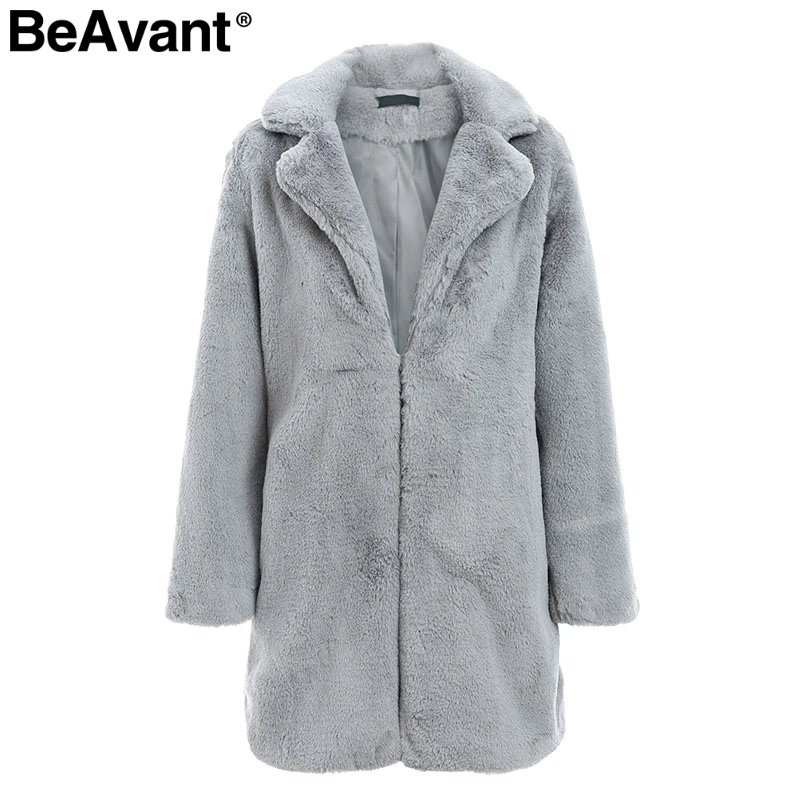 BeAvant Элегантное длинное женское пальто из искусственного меха осень зима теплое мягкое флисовое пальто женское повседневное роскошное плюшевое пальто Верхняя одежда - Цвет: Серый