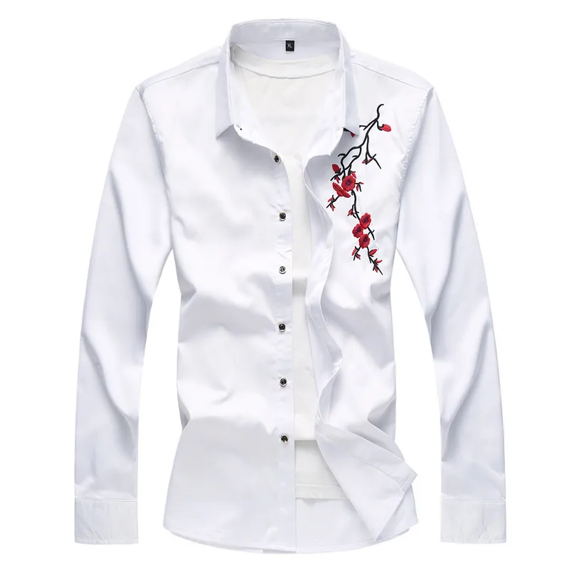 

2018 spring shirt Men's printing flowers long sleeve embroidery shirts, men's Business casual Dress Shirts men full Size M-7XL