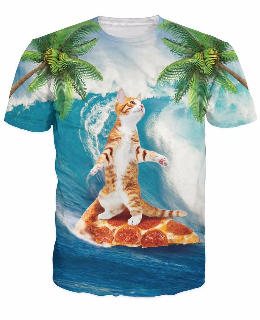 Модная забавная футболка с котом кошка в раю на кусочке пиццы пальмы веселая летняя 3d Футболка женские и мужские футболки Прямая поставка