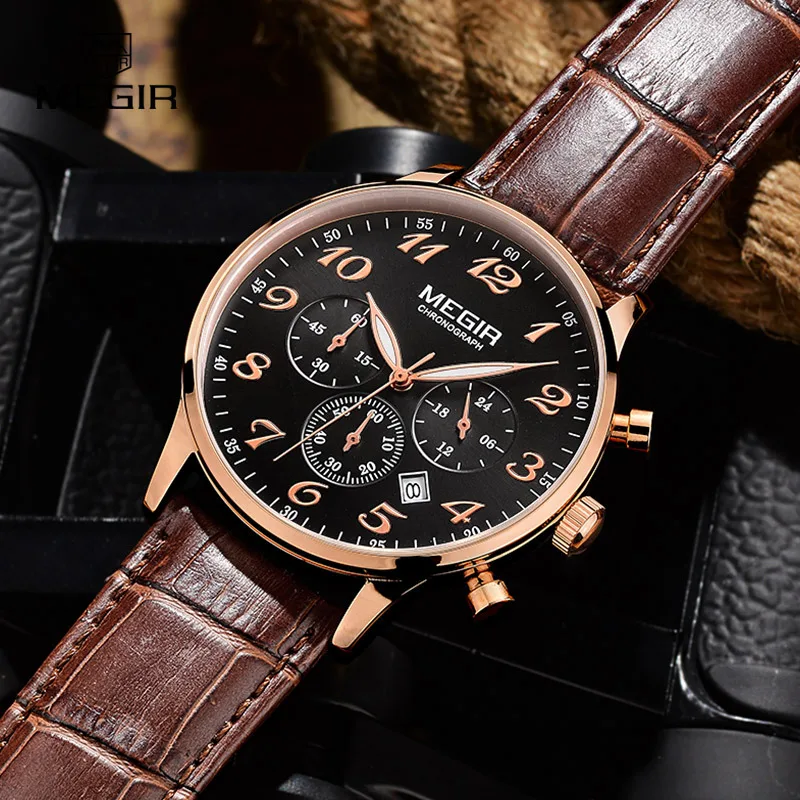 MEGIR luxury military chronograph quartz watch men fashion casual analog leather wristwatch waterproof relogio masculino