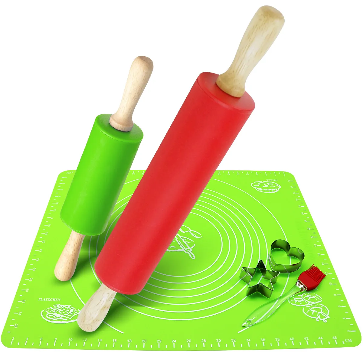 

Rolling Pin and Pastry Mat Set: Bakeware Dough Rollers Silicone Baking Mat & Basting Brush/2 Stainless Steel Cookie Cutters